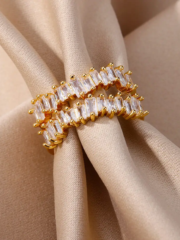 Anel Duplo Com Cristais Retangulares Estilo Glam