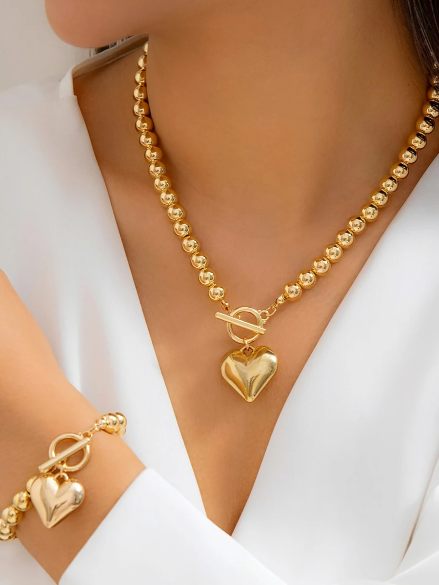 Colar Feminino Bolinhas Com Pingente De Coração