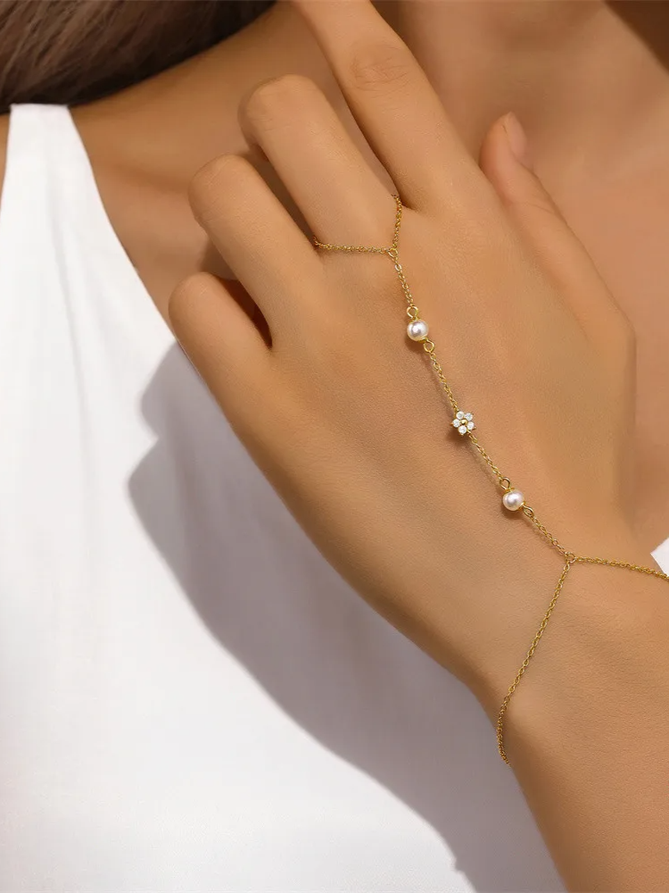 Pulseira Corrente Fina Com Pérolas E Florzinha Delicada