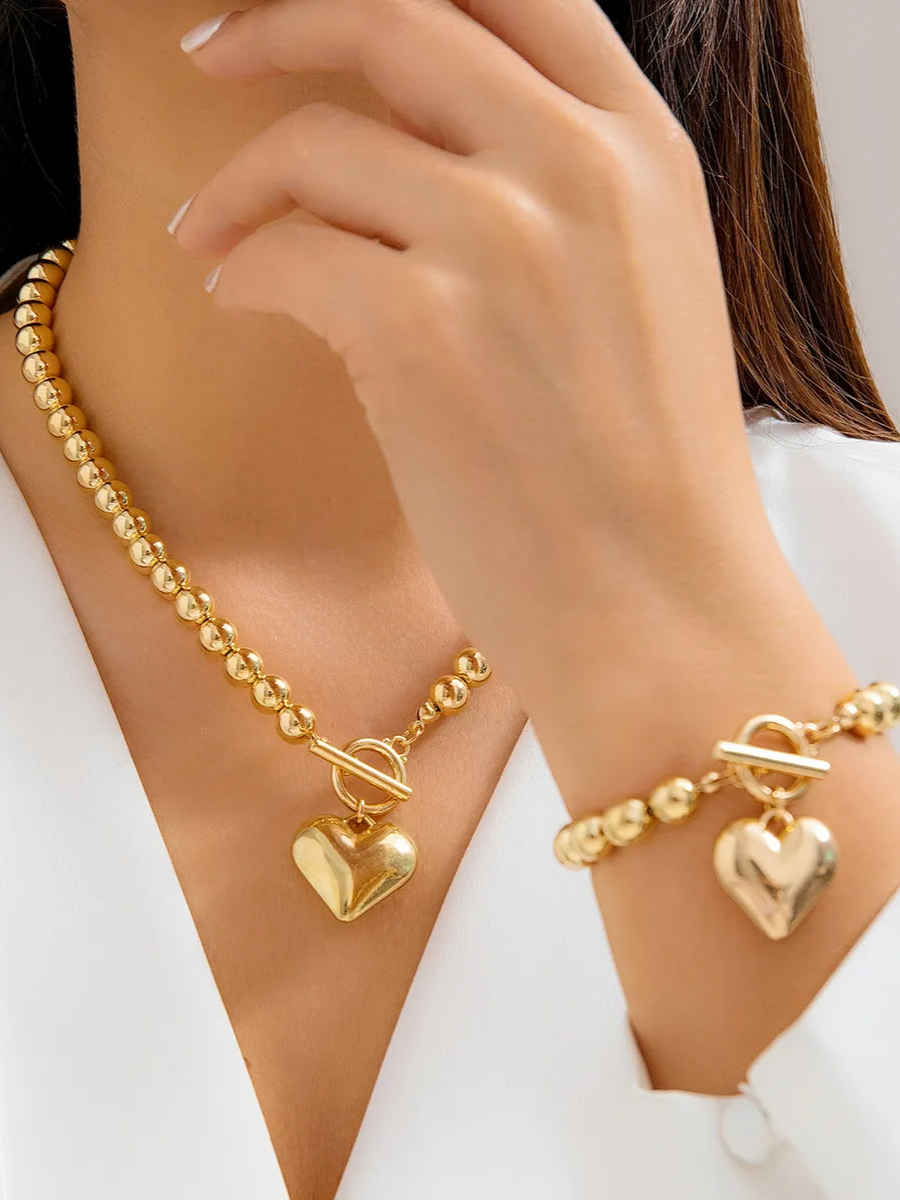 Colar Feminino Bolinhas Com Pingente De Coração