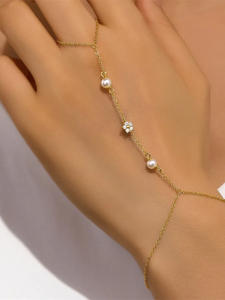 Pulseira Corrente Fina Com Pérolas E Florzinha Delicada