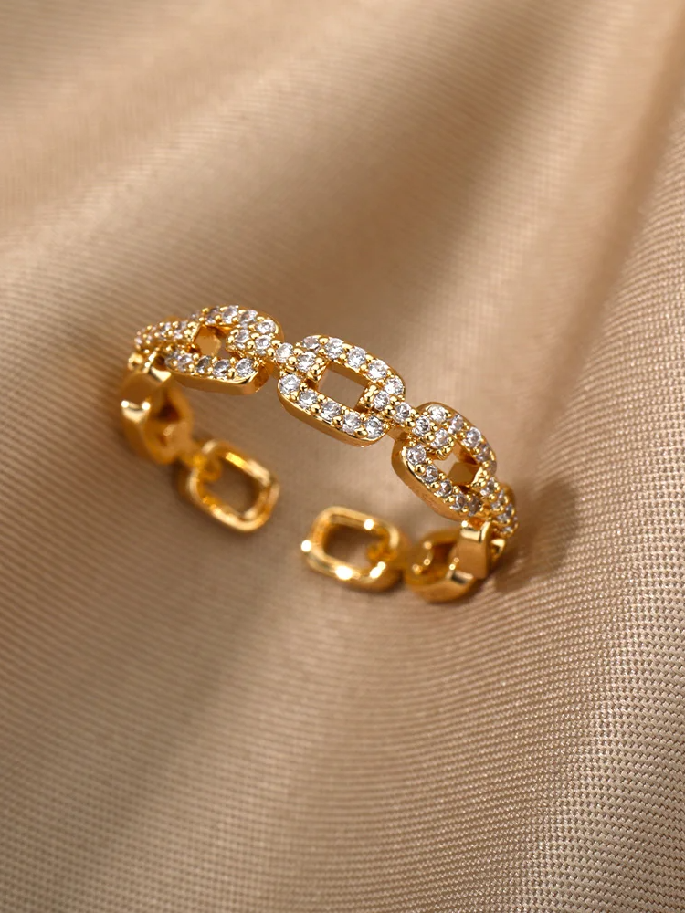 Anel Corrente Cravejado Com Zircônias Estilo Luxo