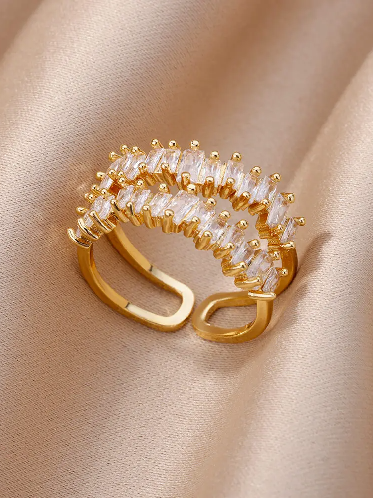 Anel Duplo Com Cristais Retangulares Estilo Glam